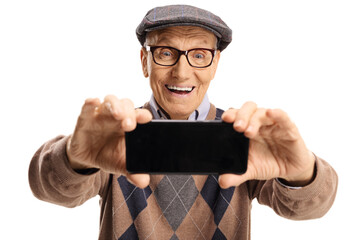 Sticker - Cheerful elderly man taking a selfie with a smartphone