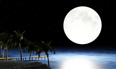 Wall Mural - Full moon with stars in the sky. moonlight reflected on the water's surface or Sea and  Ocean. Fireflies on the grass, there are flowers on the field. romantic atmosphere of valentine. 3D Rendering