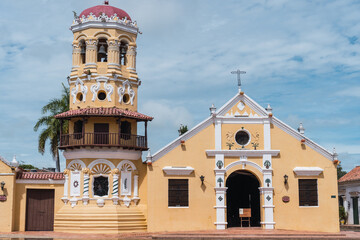 Mompox, Colombia - August 14, 2021: The Santa Barbara church at morning in the colonial village of Mompox.