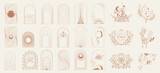 Fototapeta Boho - Set of minimal boho linear symbols. Esoteric Linear Boho Logos. Celestial concept. Frame, arch, hands, florals, sun, stars and moon elements. Mystical contemporary art with celestial geometry shapes.