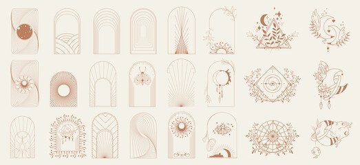 set of minimal boho linear symbols. esoteric linear boho logos. celestial concept. frame, arch, hand