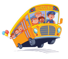 School Bus With Children Goes To School Or On An Excursion. Colorful Cartoon Characters. Funny Vector Illustration. Isolated On White Background