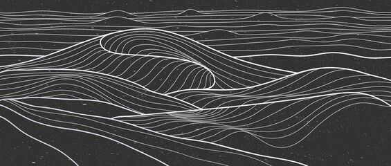 Ocean wave and mountain line art print. Abstract contemporary aesthetic backgrounds landscapes. with mountain, sea, skyline, wave. vector illustrations