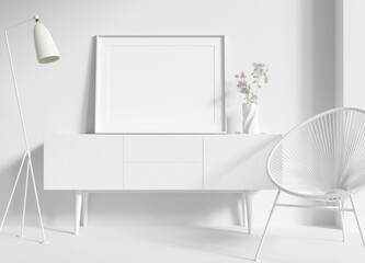 Poster - White room with picture mock-up, chair and lamp. 3D render. 3D image.