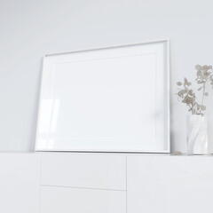 Poster - White picture mock-up on white cabinet and dried money plant bunch. 3D render. 3D image.
