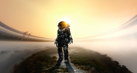 Wall Mural - astronaut walking on an unexplored planet . mixed media