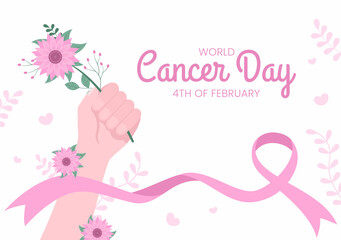 Wall Mural - World Cancer Day with Ribbon Flat Vector Illustration. Inform the Public About Disease Awareness on February 4th Through Campaign Background or Poster