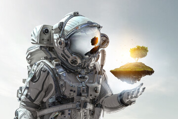 Wall Mural - Astronaut against cloudy sky background