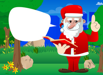 Wall Mural - Santa Claus in his red clothes with white beard reading a red book and making a point. Vector cartoon character illustration.