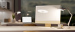 Leinwandbild Motiv Desktop computer blank screen mockup on a desk in office
