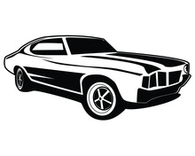 Retro Muscle Car Vector Illustration. Vintage Poster Of Reto Car. Old Mobile Isolated On White.