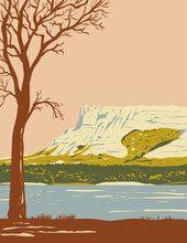 WPA Poster Art Of Hawk Springs State Recreation Area With The Bluffs Bear Mountain Area In La Grange In Goshen County, Wyoming, United States Of America USA Done In Works Project Administration Style.