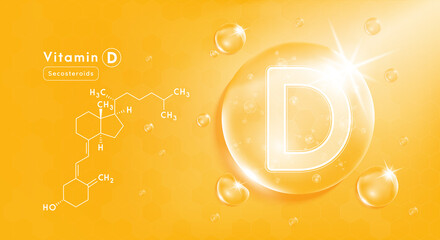 Wall Mural - Drop water vitamin D orange and structure. Vitamin complex with Chemical formula from nature. Beauty treatment nutrition skin care design. Medical and scientific concepts. 3D Realistic Vector EPS10.