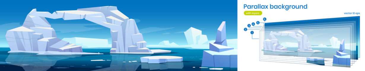 Poster - parallax background arctic 2d landscape, iceberg and glaciers floating in sea. polar or antarctic na