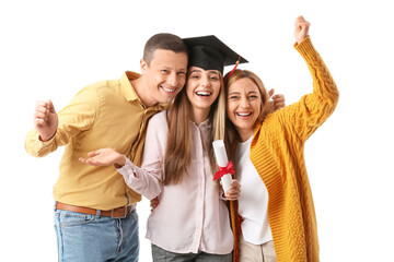 Wall Mural - Happy female graduation student with her parents on white background