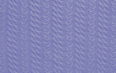 Wall Mural - Texture of smooth knitted sweater with pattern. Handmade knitting wool or cotton fabric texture. Background of knitting patterns with a vertical Braid Cable. Trendy Very Peri Color Of Year 2022.
