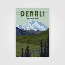 Denali National Park Vintage Poster Illustration Design, Denali Landscape View