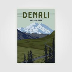 Wall Mural - denali national park vintage poster illustration design, denali landscape view