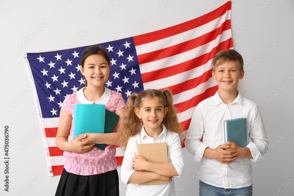 Pupils of language school near light wall with USA flag