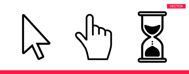 Leinwandbilder - Black hourglass loading clock, pointer hand and arrow mouse cursors icon sign graphic element flat style design vector illustration set. Simplistic pictogram indicator sign, endless time process idea.