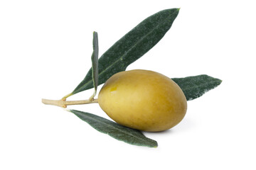 Wall Mural - Green olives with leaves isolated on white background.