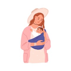 Mother hugging child in baby sling. Mom carrying little kid in wrap ring. Woman with happy infant in cloth carrier. Mum and toddler portrait. Flat vector illustration isolated on white background