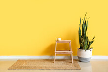 Wooden Step Stool With Cup And Houseplant Near Yellow Wall