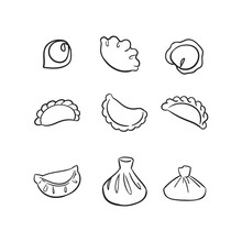Set Of Hand-drawn Homemade Dumplings, Vareniki, Gyoza, Mandu, Pelmeni, Khinkali, Pierogi. Vector Stylized Line Art Elements For Menu, Recipes, Food Advert. Traditional Dish From Dough With Filling.