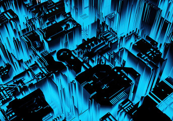 Poster - Three-dimensional background without focus. Technical or technological abstraction. Pattern of electronic components. Printed circuit board as a background. Blue-black futuristic ornament. 3d image