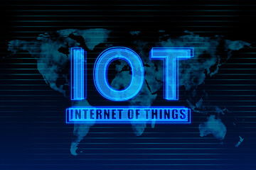 Aufkleber - Creative glowing blue IOT background with map. Internet of things concept. 3D Rendering.