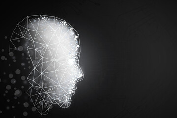 Aufkleber - Light polygonal head outline on dark background with mock up place. Artificial intelligence and machine learning. 3D Rendering.
