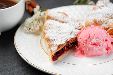 Wall Mural - Classic shtrudel dessert with ice cream on white plate