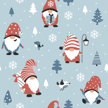 Gnome Seamless Pattern With Cute Gnomes. Hand Drawn Vector Background, Scandinavian Style