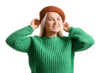 Poster - Beautiful mature woman in beret hat on white background