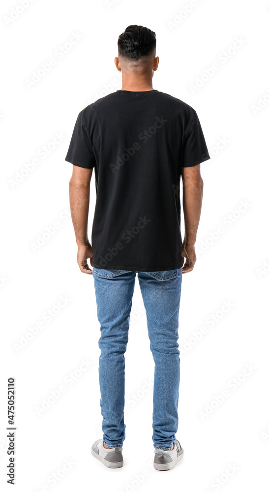 Handsome young man in stylish t-shirt isolated on white, back view