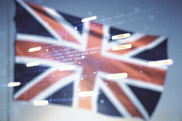 Poster - Abstract virtual coding illustration on British flag and sunset sky background, software development concept. Multiexposure