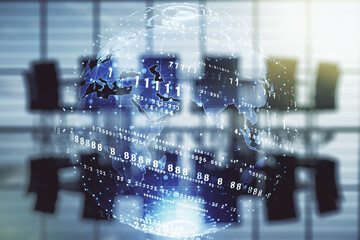 Poster - Abstract virtual coding concept and world map hologram on a modern conference room background. Multiexposure