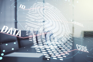 Fototapete - Multi exposure of virtual fingerprint scan interface on a modern furnished office interior background, digital access concept