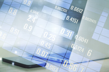 Poster - Abstract creative analytics data spreadsheet on modern computer background, analytics and analysis concept. Multiexposure