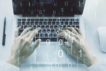 Aufkleber - Creative concept of binary code illustration and hands typing on laptop on background. Big data and coding concept. Multiexposure