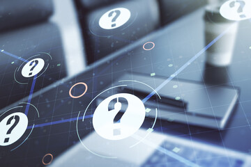 Aufkleber - Creative concept of question mark illustration on modern laptop background. FAQ and search concept. Multiexposure