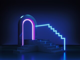 Poster - Abstract neon background with glowing geometric shapes, objects and natural stone, podium-3d, render. Empty showcase, stand, platform for presentations, advertising of technological products, gadgets.