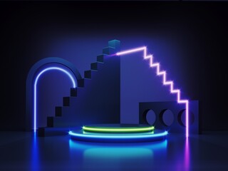 Poster - Abstract neon background with glowing geometric shapes, objects and natural stone, podium-3d, render. Empty showcase, stand, platform for presentations, advertising of technological products, gadgets.