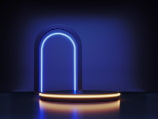 Poster - Abstract neon background with glowing geometric shapes, objects and natural stone, podium-3d, render. Empty showcase, stand, platform for presentations, advertising of technological products, gadgets.