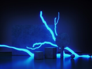 Poster - Abstract neon background with glowing geometric shapes, objects and natural stone, podium-3d, render. Empty showcase, stand, platform for presentations, advertising of technological products, gadgets.