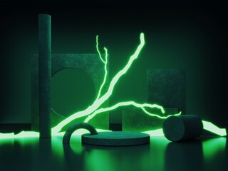 Poster - Abstract neon background with glowing geometric shapes, objects and natural stone, podium-3d, render. Empty showcase, stand, platform for presentations, advertising of technological products, gadgets.