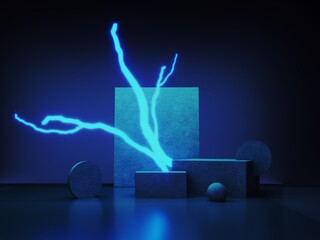 Poster - Abstract neon background with glowing geometric shapes, objects and natural stone, podium-3d, render. Empty showcase, stand, platform for presentations, advertising of technological products, gadgets.