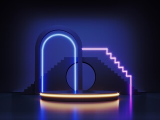 Poster - Abstract neon background with glowing geometric shapes, objects and natural stone, podium-3d, render. Empty showcase, stand, platform for presentations, advertising of technological products, gadgets.