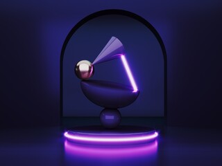 Poster - Abstract neon background with glowing geometric shapes, objects and natural stone, podium-3d, render. Empty showcase, stand, platform for presentations, advertising of technological products, gadgets.