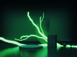 Poster - Abstract neon background with glowing geometric shapes, objects and natural stone, podium-3d, render. Empty showcase, stand, platform for presentations, advertising of technological products, gadgets.